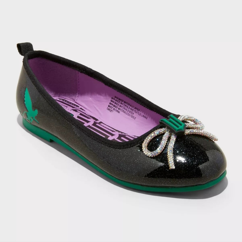 Wicked Movie Black Glitter Elphaba Ballet Flat, Rhinestone Bow, Sparkle, 3